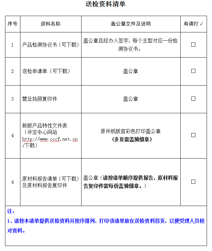 滑輪裝置產(chǎn)品認(rèn)證型式試驗業(yè)務(wù)受理送檢資料清單（廣東所）