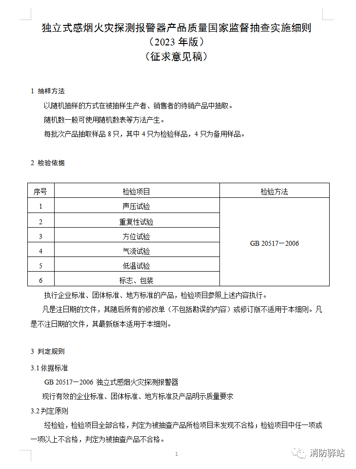 獨(dú)立式感煙火災(zāi)探測(cè)報(bào)警器產(chǎn)品質(zhì)量國(guó)家監(jiān)督抽查實(shí)施細(xì)則（2023年版）（征求意見稿）