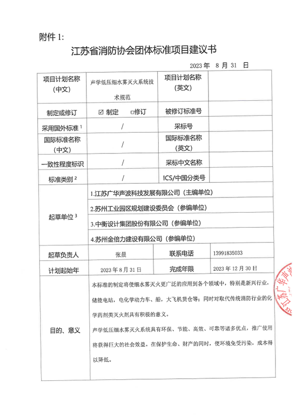 關(guān)于團體標(biāo)準(zhǔn)《聲學(xué)低壓細(xì)水霧滅火系統(tǒng)技術(shù)規(guī)范》 立項的公示