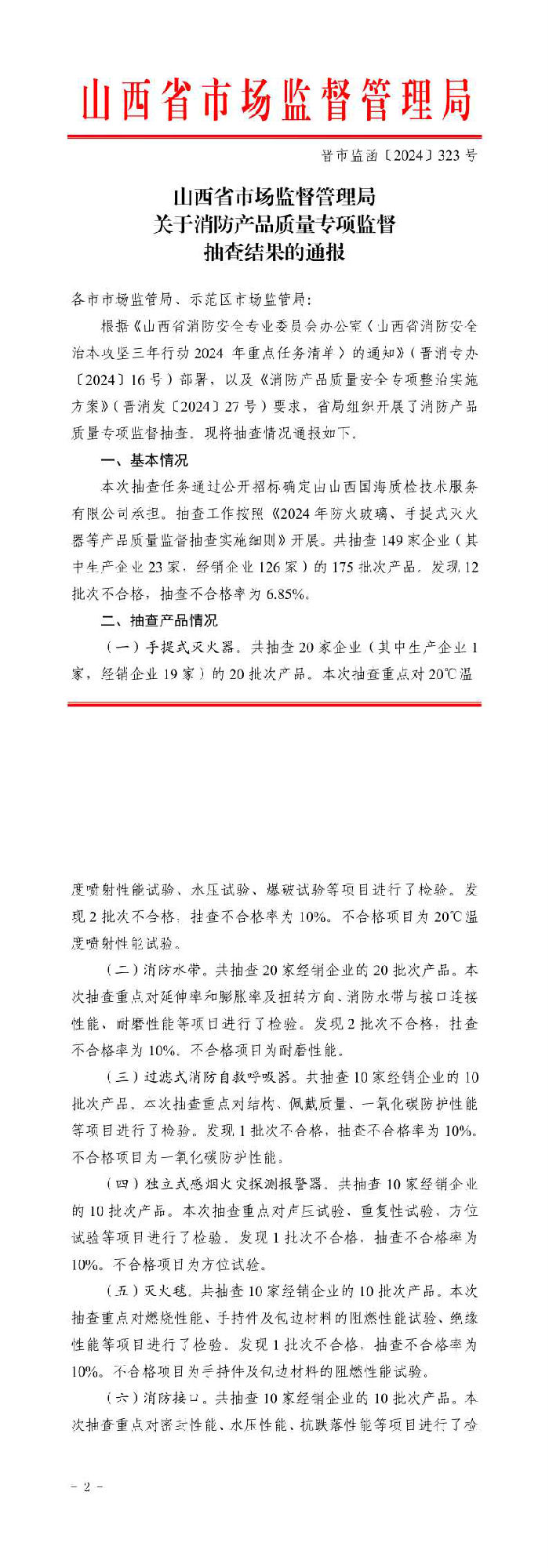 山西：消防產(chǎn)品質(zhì)量專項監(jiān)督抽查175批次，不合格12批次！
